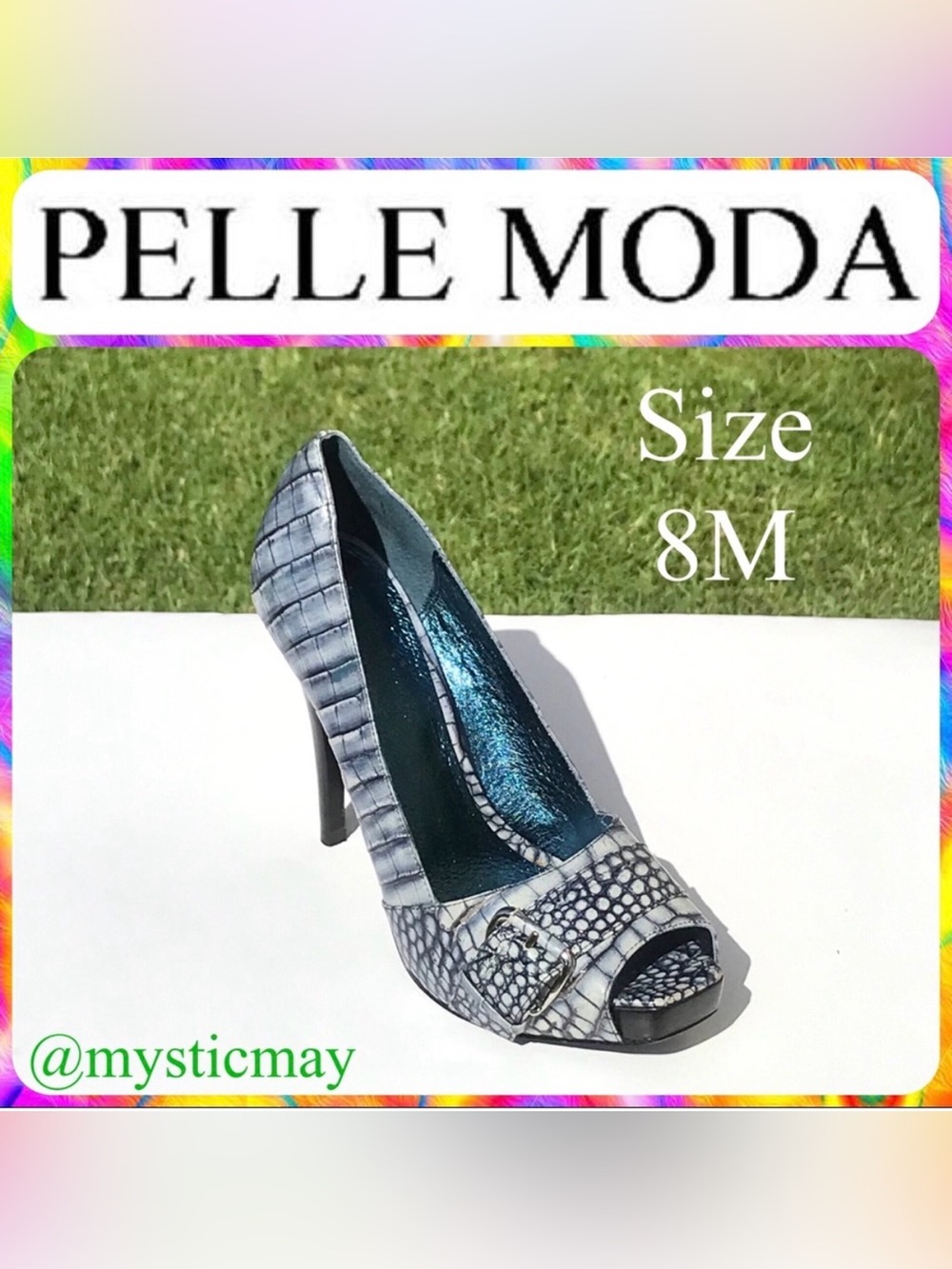 PELLE MODA Blue Gray Snakeskin Peep Toe Stiletto High Heels Pumps Size 8 M
